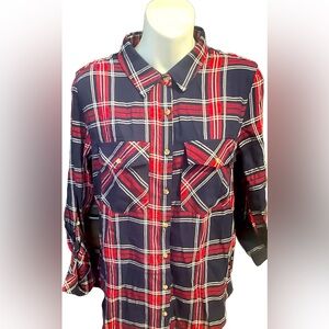 Red, blue, and white plaid button down shirt.